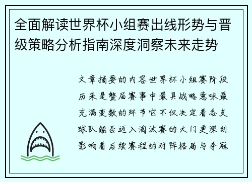 全面解读世界杯小组赛出线形势与晋级策略分析指南深度洞察未来走势