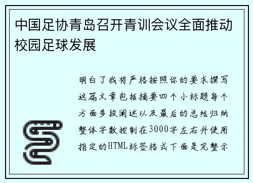 中国足协青岛召开青训会议全面推动校园足球发展
